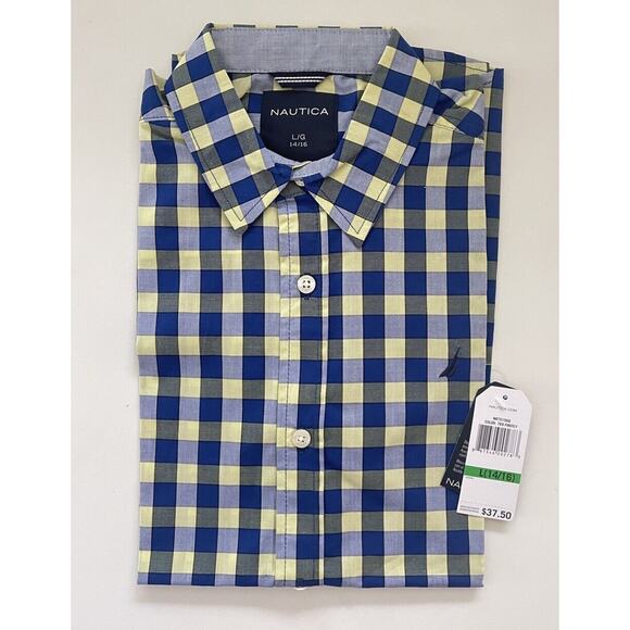 Nautica Boys Short Sleeve Dress Shirt Large 14/16 Button Front Blue Yellow Check - Picture 1 of 7
